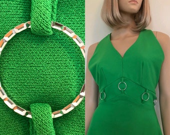 Vintage 60’s Kelly Green Maxi Dress With Sparkle Ring Detail Around The Waist, Size Medium,  Valley Of The Dolls, 1960’s Long Green Dress