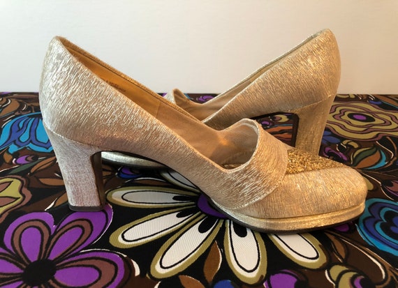 1960’s Gold Lame Shoes, Vintage Gold Glitter Shoes, L… - Gem