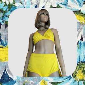 1970’s Yellow Sirena Bikini, Vintage 2 Piece Swimsuit, 70’s Yellow Bathing Suit, Vintage Swimsuit With Halter Top & Boy Short Style Bottoms