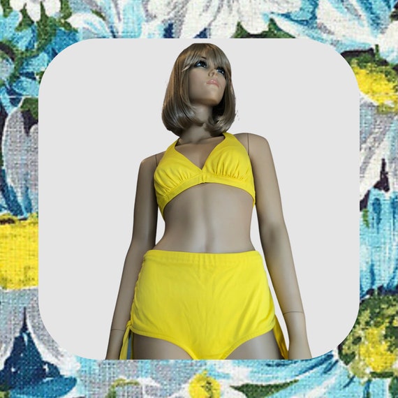 1970s Yellow Sirena Bikini Vintage 2 Piece Swimsuit 70s Yellow Bathing Suit Vintage Swimsuit With Halter Top Boy Short Style Bottoms Etsy