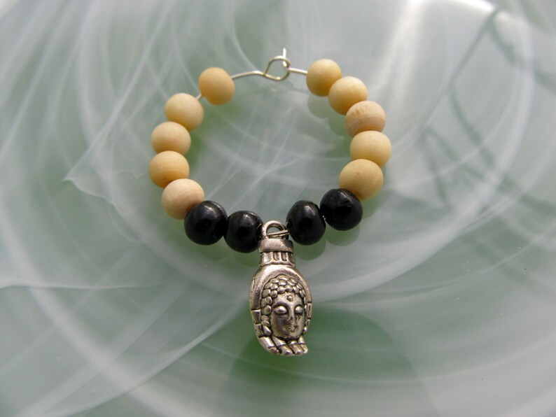Black White Jewelry Buddhist Earrings Buddha Open Hand Charm Loop Beaded Charm Earrings Tibetan Meditation Beads Buddha Earrings