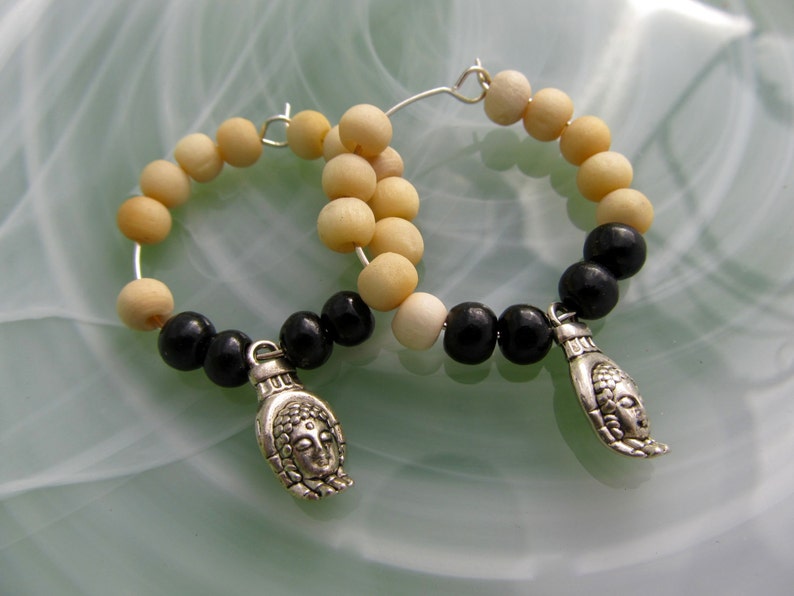 Black White Jewelry Buddhist Earrings Buddha Open Hand Charm Loop Beaded Charm Earrings Tibetan Meditation Beads Buddha Earrings