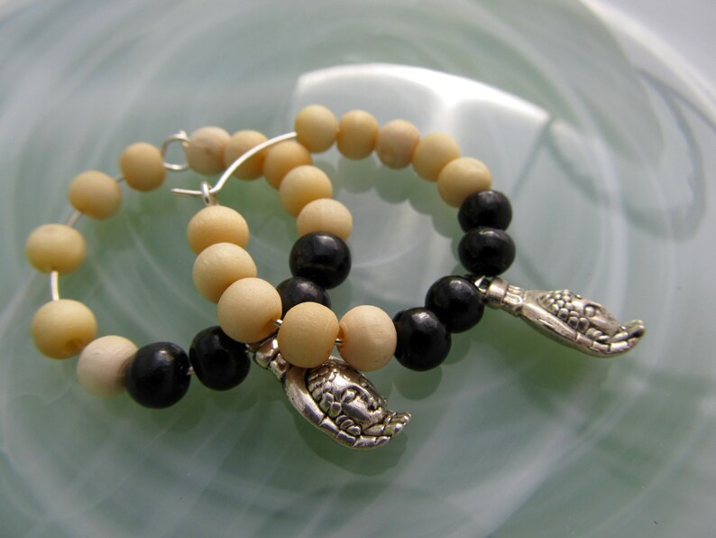 Black White Jewelry Buddhist Earrings Buddha Open Hand Charm Loop Beaded Charm Earrings Tibetan Meditation Beads Buddha Earrings