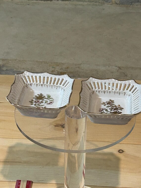 Set of Two Reticulated, Gold Gilded, Porcelain Tr… - image 1