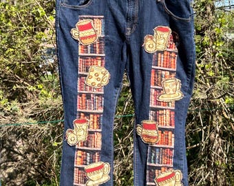 Upcycled Slow Stitch Jeans with Coffee and Books Motifs