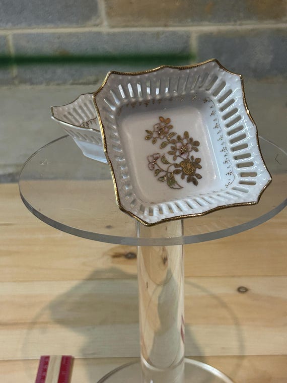 Set of Two Reticulated, Gold Gilded, Porcelain Tr… - image 2