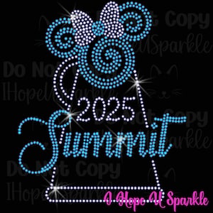 May include: A blue and white rhinestone design featuring a graduation cap with the year 2025 and the word "Summit".