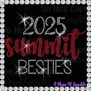 May include: A black background with a white rhinestone design that says "2025" and "Bestes". The word "Summer" is in red rhinestones.
