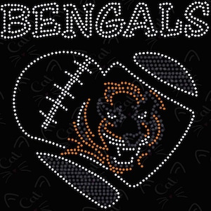May include: A black and white rhinestone design of a football helmet with a tiger face inside, with the word "BENGALS" above it.