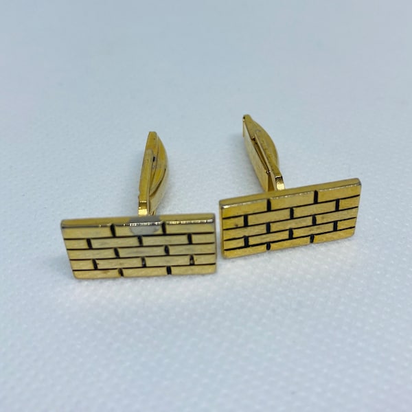 Pair Men's Emmons Brick Pattern Vintage Cufflinks Set Gold Tone Tie Back Jewelry Modern MCM 50s 60s