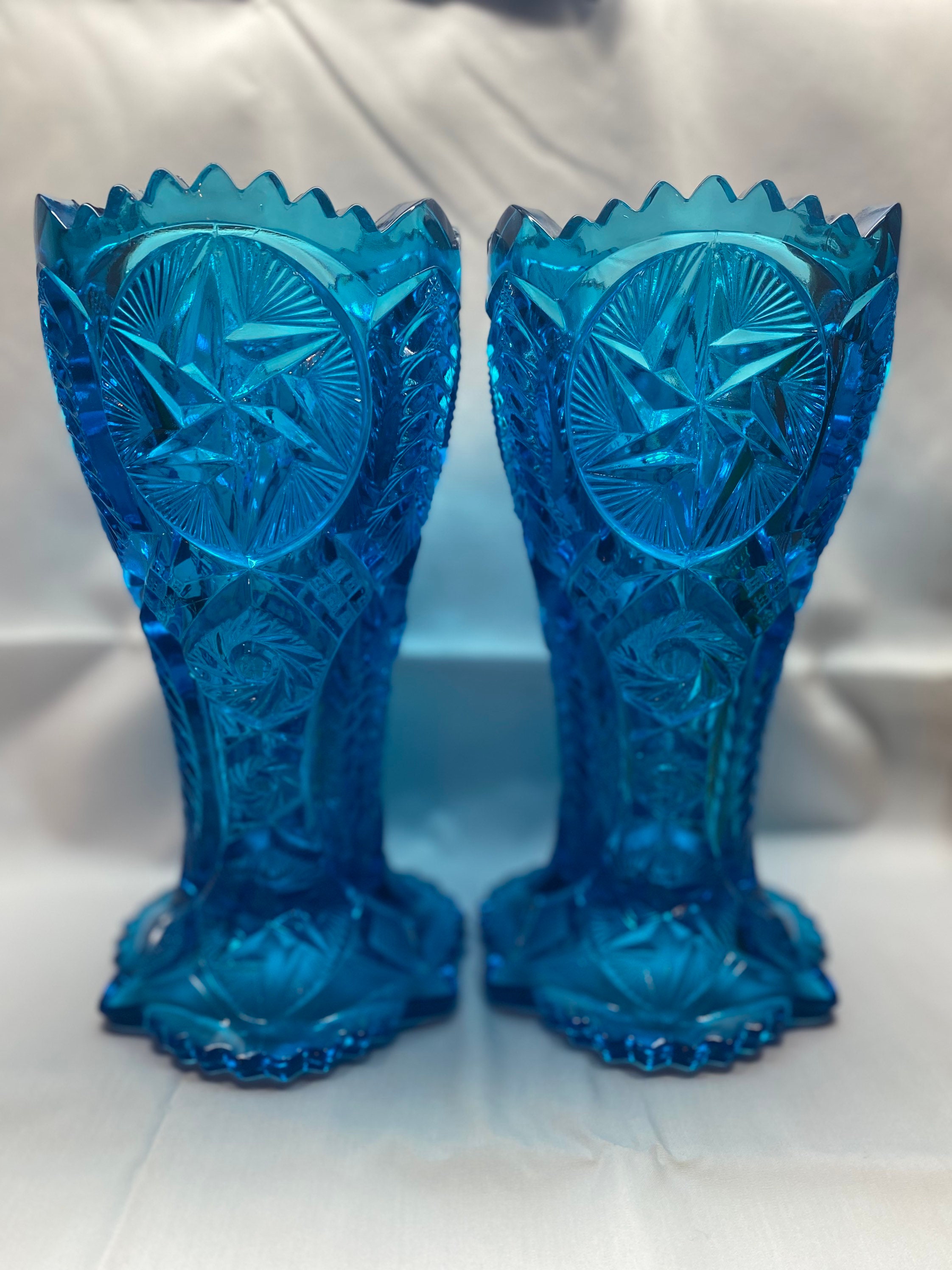 Pair 1950s LE Smith Colonial Blue Carnival Glass Vase Ohio Etsy