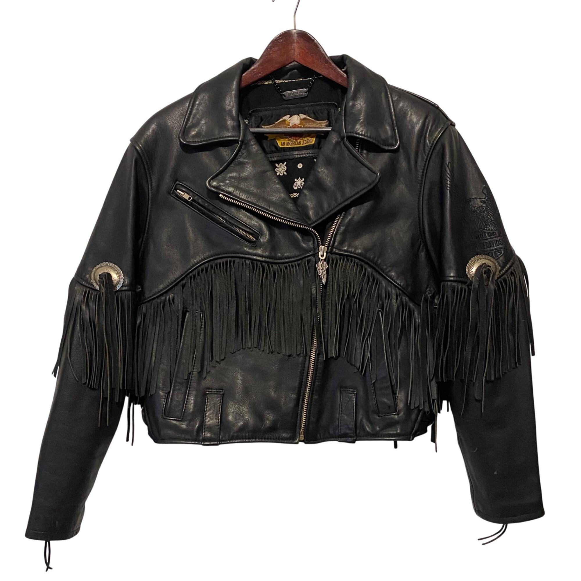 Womens Large Vintage Harley Davidson Black Leather Fringe