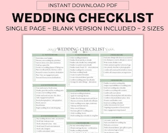 12 Month Wedding Checklist Printable Template, Wedding Planning Guide, Wedding Day Single Sheet To Do List, Stress Free Wedding Planner