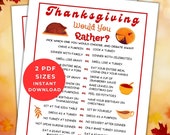 Thanksgiving Would You Rather Game, Thanksgiving Games Printable, Friendsgiving Games, This or That Games for Kids and Adults