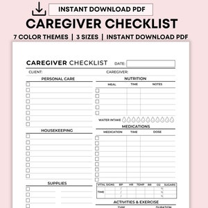 May include: Black and white printable caregiver checklist with sections for personal care, nutrition, housekeeping, medications, supplies, bathroom, and activities and exercise. The checklist includes spaces for dates, times, notes, and checkboxes.