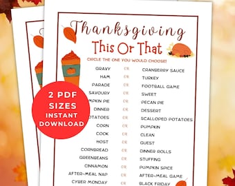 Thanksgiving This Or That, Would You Rather Game, Friendsgiving Games, Thanksgiving Games Printable, Thanksgiving Games for Kids and Adults