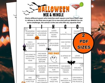 Halloween Mix and Mingle Bingo Printable, Find the Guest Game, Get to Know You Halloween Party Icebreaker Games for Adults, Teens and Kids