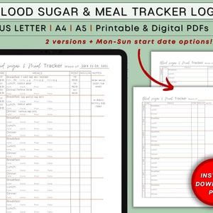 Blood Sugar Log, Diabetic Meal Plan, Blood Sugar Tracker, Diabetic Food List, Glucose Log, Type 1 Type 2 Diabetes  Printable