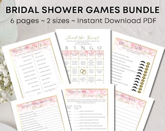 Fun Bridal Shower Games Bundle, Pink and Gold Bridal Shower Games Printed, Bridal Shower Activities, Wedding Games Instant Download