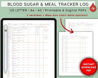 Registro de azúcar en sangre, plan de alimentación para diabéticos, rastreador de azúcar en sangre, lista de alimentos para diabéticos, registro de glucosa, diabetes tipo 1 tipo 2 imprimible