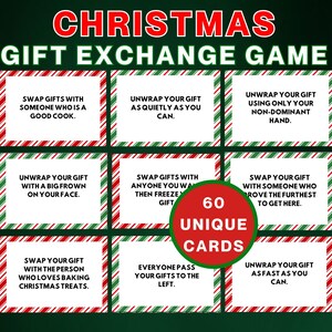 Juego de intercambio de regalos de Navidad, juego de pasar el regalo, tarjetas de juego de elefante blanco, juegos de fiesta de Navidad imprimibles para adultos y familiares