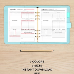 May include: A printable caregiver checklist planner with sections for personal care, nutrition, housekeeping, supplies, activities and exercise, and bathroom. The planner has a light blue cover and gold rings.