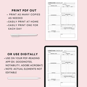 May include: A printable caregiver checklist with sections for personal care, housekeeping, supplies, bathroom, nutrition, medications, and activities and exercise. The checklist can be printed out or used digitally on a PDF-reading app.