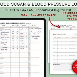 Blood Sugar Log, Blood Pressure Chart, Blood Sugar Tracker, Type 1 2 Diabetes Printable, Diabetic Journal, Monthly Symptom Tracker, A4 A5