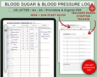 Blood Sugar Log, Blood Pressure Chart, Blood Sugar Tracker, Type 1 2 Diabetes Printable, Diabetic Journal, Monthly Symptom Tracker, A4 A5