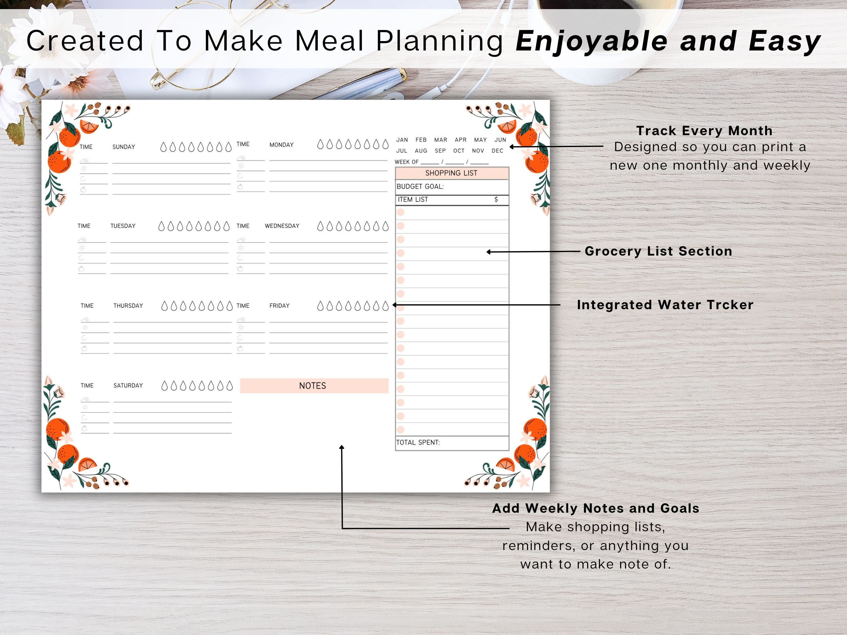 Weekly Meal Planner Printable, Digital Grocery List, Daily Food Journal ...