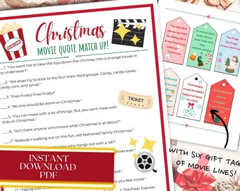 Christmas Movie Quote Match Up Quiz, Movie Trivia Game, Christmas Gift Tags, Guess the Movie, Christmas Games for Family
