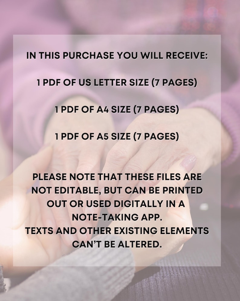 May include: Text on a pink background that reads: "IN THIS PURCHASE YOU WILL RECEIVE: 1 PDF OF US LETTER SIZE (7 PAGES) 1 PDF OF A4 SIZE (7 PAGES) 1 PDF OF A5 SIZE (7 PAGES) PLEASE NOTE THAT THESE FILES ARE NOT EDITABLE, BUT CAN BE PRINTED OUT OR USED DIGITALLY IN A NOTE-TAKING APP. TEXTS AND OTHER EXISTING ELEMENTS CAN'T BE ALTERED."
