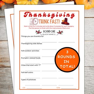 Thanksgiving Think Fast Game Printable, Friendsgiving Games, Trivia Questions for Friends, Youth Group Activity for Kids