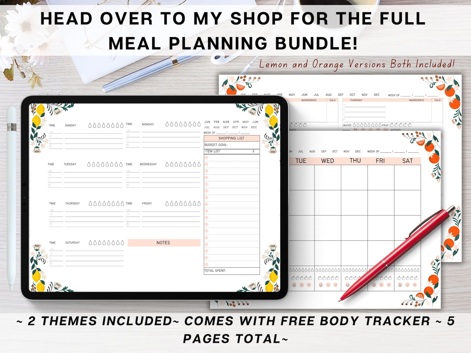 Weekly Meal Planner Printable, Digital Grocery List, Daily Food Journal ...