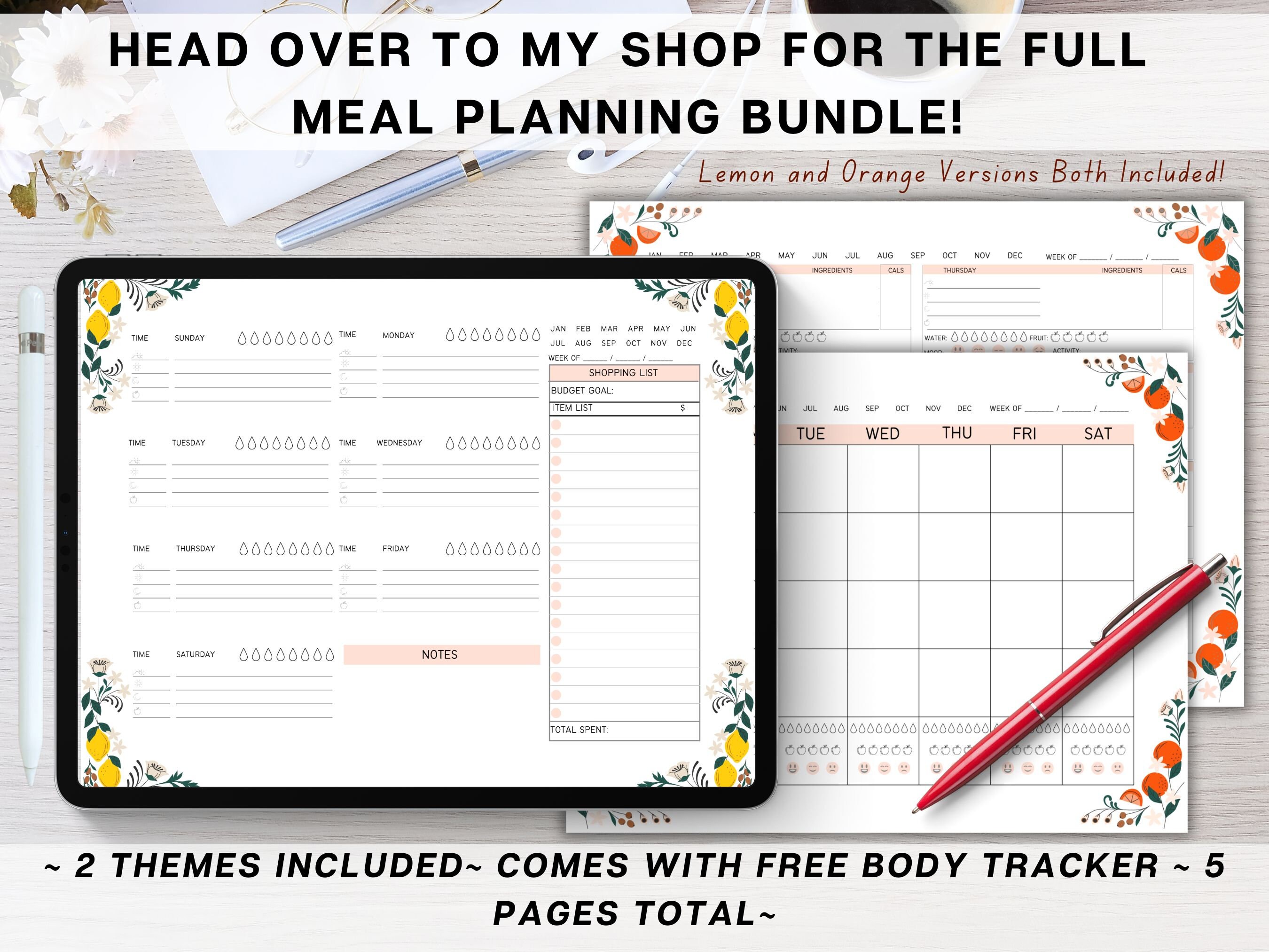 Weekly Meal Planner Printable, Digital Grocery List, Daily Food Journal ...