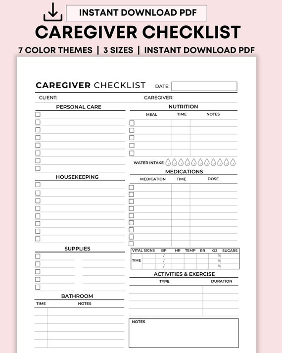 Senior Caregiver Checklist Printable, Caregiver Daily Log, Elderly Care Tasks Housekeeping Schedule, Caregiving Template, Cleaning Checklist