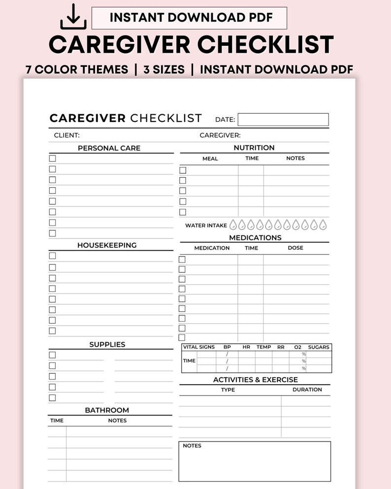 Senior Caregiver Checklist Printable, Caregiver Daily Log, Elderly Care