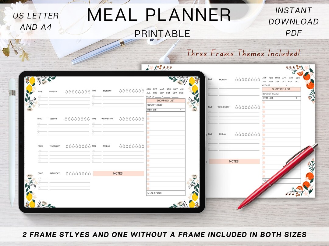 Weekly Meal Planner Printable, Digital Grocery List, Daily Food Journal ...