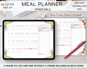 Weekly Meal Planner Printable, Digital Grocery List, Daily Food Journal, Weekly Budget, Meal Prep Template, Fridge Meal Planner Template