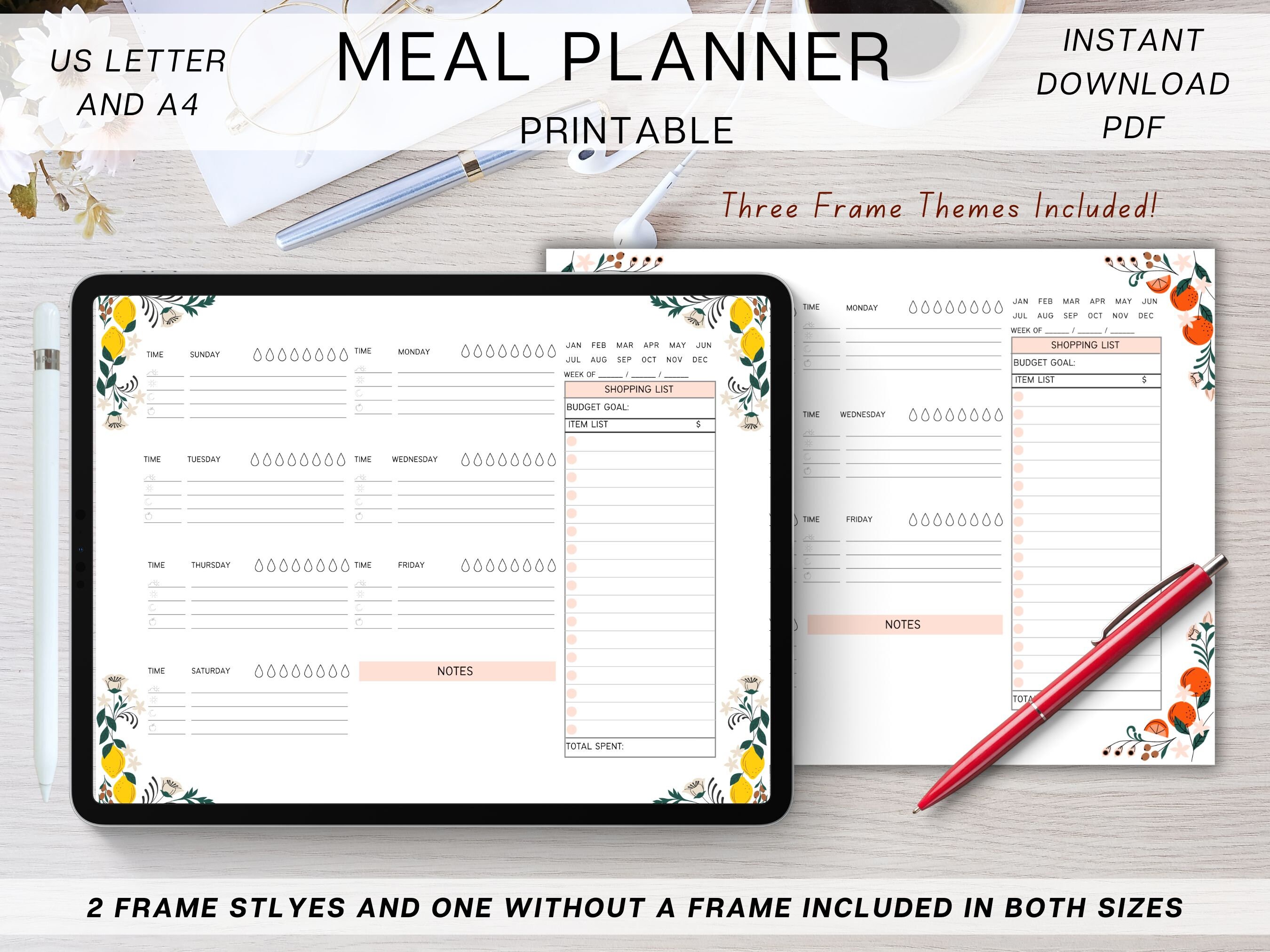 Weekly Meal Planner Printable, Digital Grocery List, Daily Food Journal ...