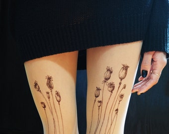 Poppy Pods Tattoo Tights – Hand-Painted Floral Tights, Available in Sizes XS-XL