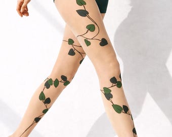 Handgeschilderde panty met groene bladeren: pure botanische panty