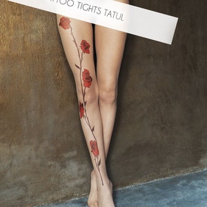 Red Rose Tattoo Tights, original hand-painted garden rose on pantyhose image 1