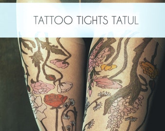 Rustic Flowers Tattoo Tights, original hand-painted wild flowers on pantyhose