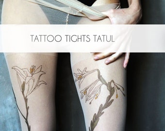 Tights with Lily Tattoo, original hand-painted botanical Lilium flowers on pantyhose by TATTOO TIGHTS TATUL