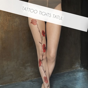 Red Rose Tattoo Tights, original hand-painted garden rose on pantyhose image 4