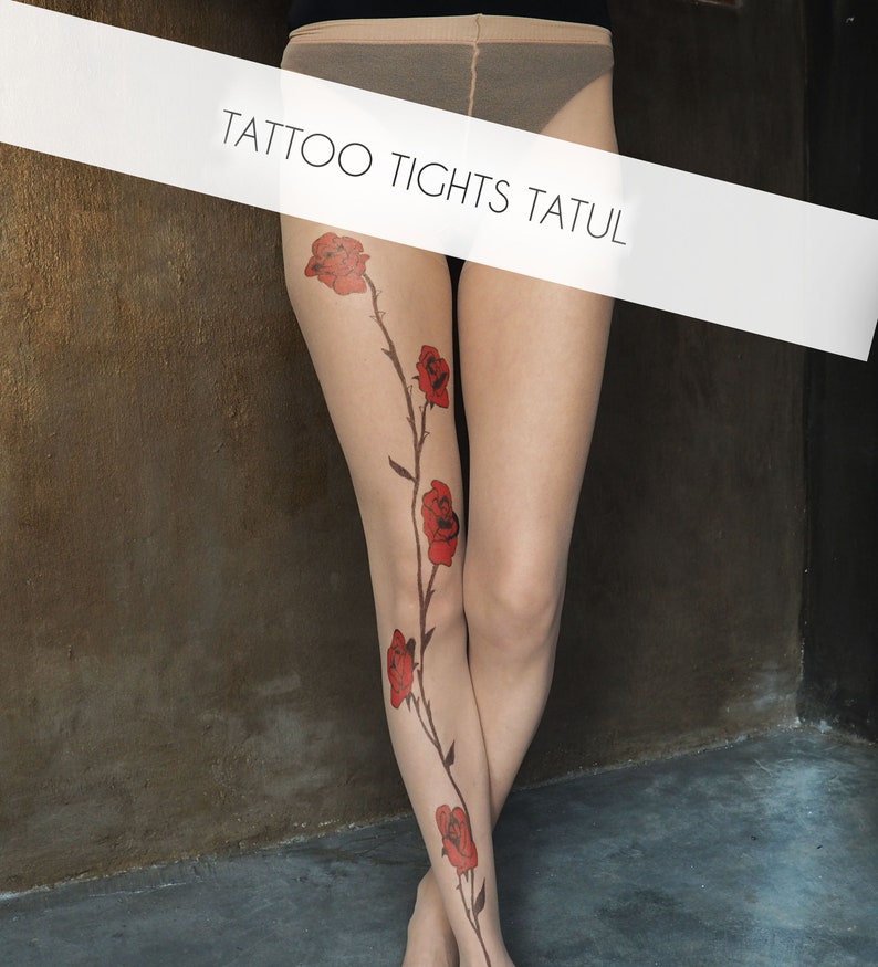 Red Rose Tattoo Tights, original hand-painted garden rose on pantyhose image 4