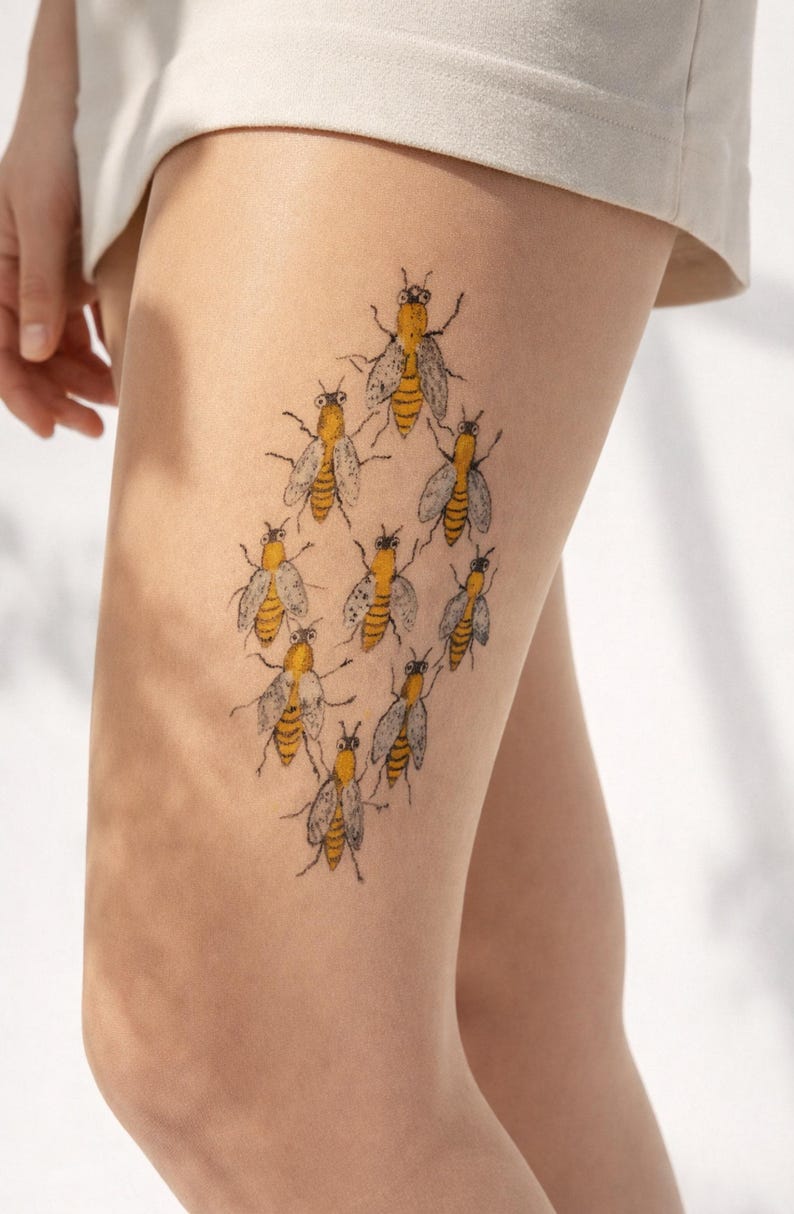 tattoo effect pantyhose featuring multiple bees on upper leg, unique botanical and wildlife aesthetic