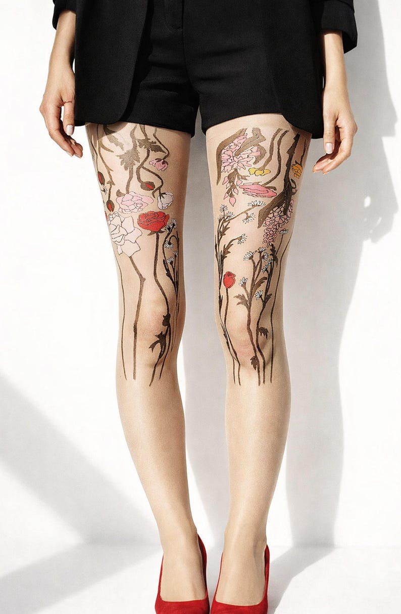 hand painted sheer tattoo tights with colorful wildflower design on legs