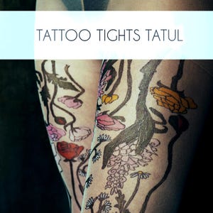 sheer tattoo tights with colorful wildflowers on legs, boho hippie pantyhose in detail